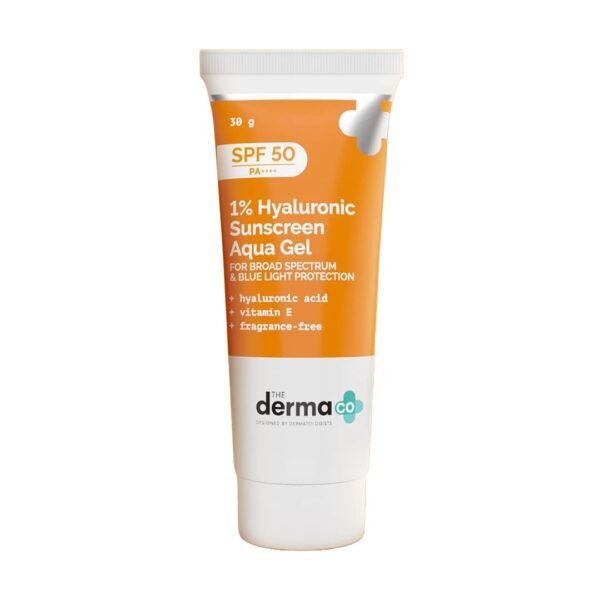 The Derma Co 1% Hyaluronic Sunscreen Aqua Gel SPF 50 PA++++ I For Oily, Dry, Acne-prone Skin | Ultra Lightweight Texture I Non-Greasy I No White Cast | Broad Spectrum Protection & Blue Light Protection | For Men & Women | 30 g