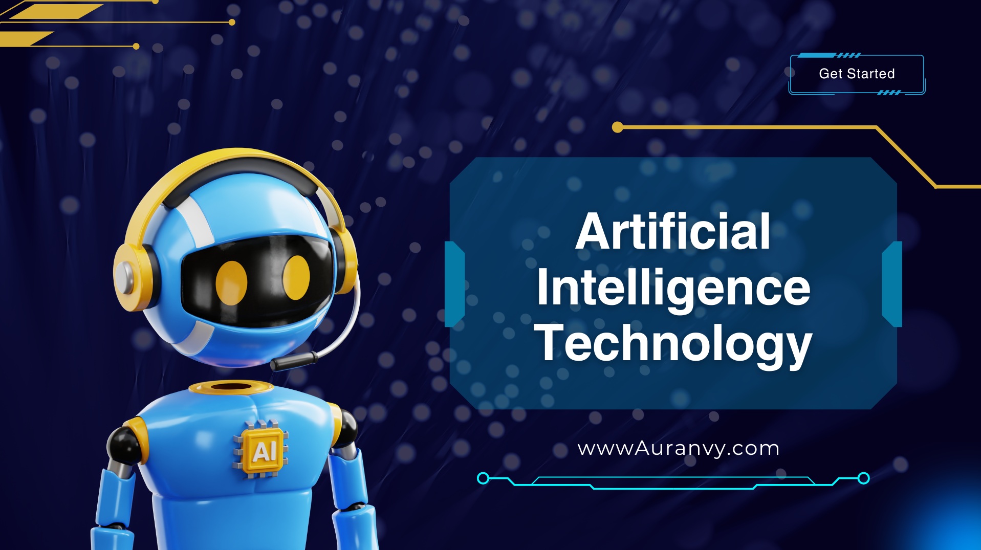 3D illustration of a cute blue AI robot wearing a headset, with "Artificial Intelligence Technology" text and website link www.Auranvy.com on a digital tech-themed background.