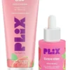 PLIX Guava Glow skincare set featuring a pink tube of Juicy Cleanser and a matching bottle of Dewy Serum with dropper cap, both designed to brighten and hydrate skin.