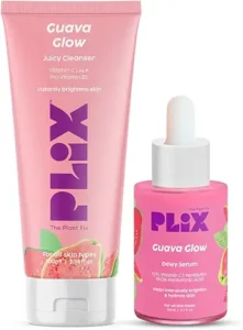 PLIX Guava Glow skincare set featuring a pink tube of Juicy Cleanser and a matching bottle of Dewy Serum with dropper cap, both designed to brighten and hydrate skin.