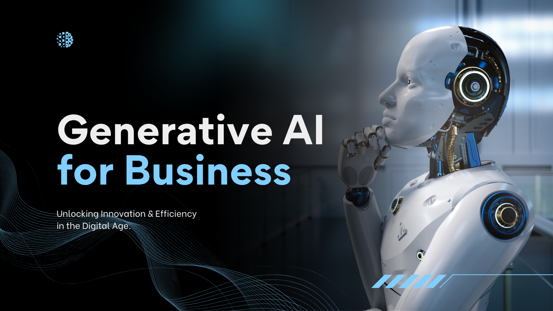 "Futuristic robot pondering with title text 'Generative AI for Business' and subtitle 'Unlocking Innovation & Efficiency in the Digital Age' on a dark tech-themed background."