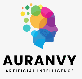 Auranvy logo featuring a colorful human head silhouette with abstract circular elements representing artificial intelligence.