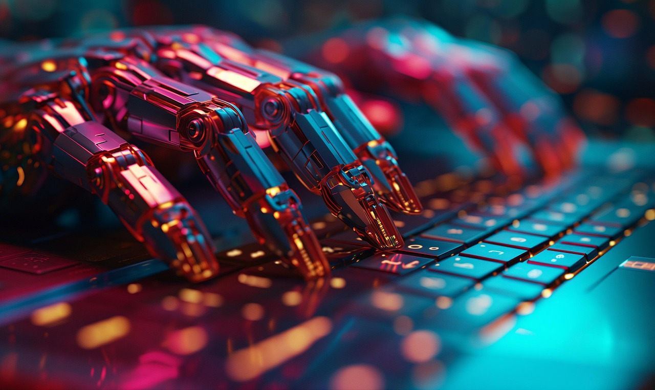 Futuristic robotic hands typing on a backlit keyboard with vibrant neon lighting